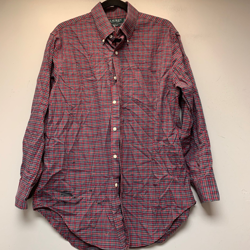 Lauren Ralph Lauren Shirt Mens 16.5 32/33 Red Fair Plaid Non-Iron Classic Fit